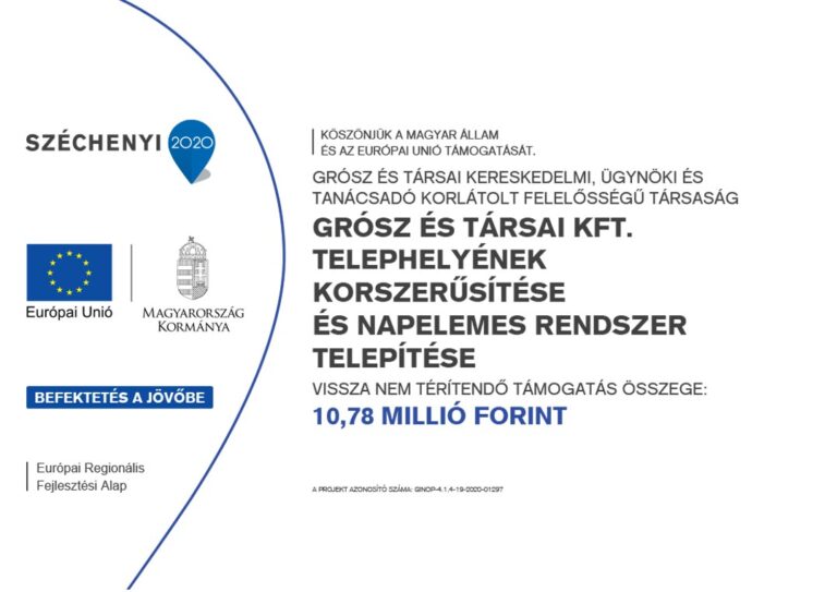 Széchenyi 2020 – Grósz és Társai Kft. : telephely korszerűsítése és napelemes rendszer telepítése, 10,78 millió forint